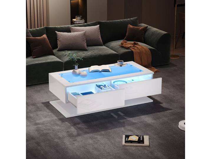 Table basse - TRUXEN8 - 100x50x35cm - Haute brillance - 2 tiroirs - LED intégrée
