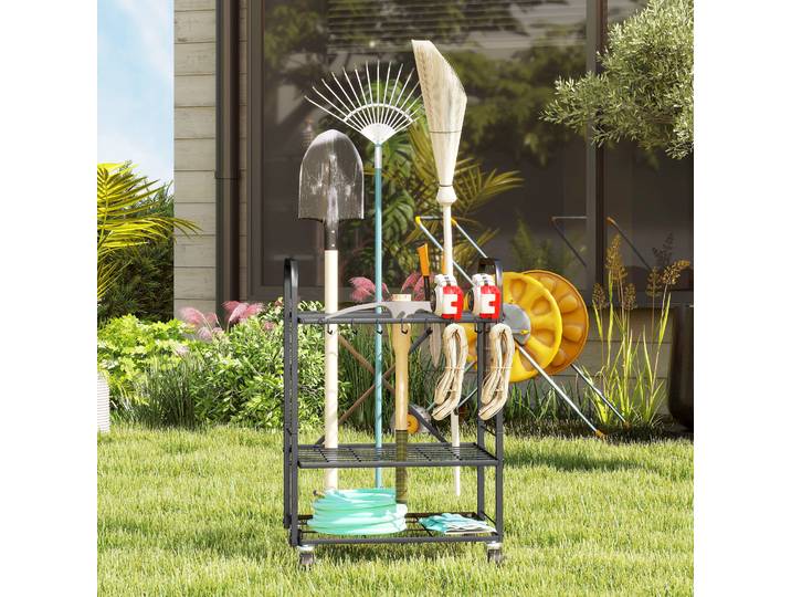 Outsunny Support Outils Jardin 40 Compartiments 2 Niveaux avec Roues