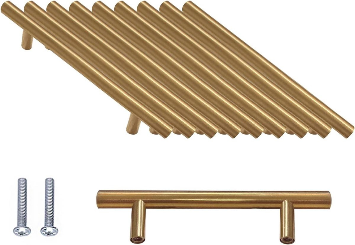 T Grepen Set - Meubel Knoppen - Geborsteld Staal - 96mm - Goud