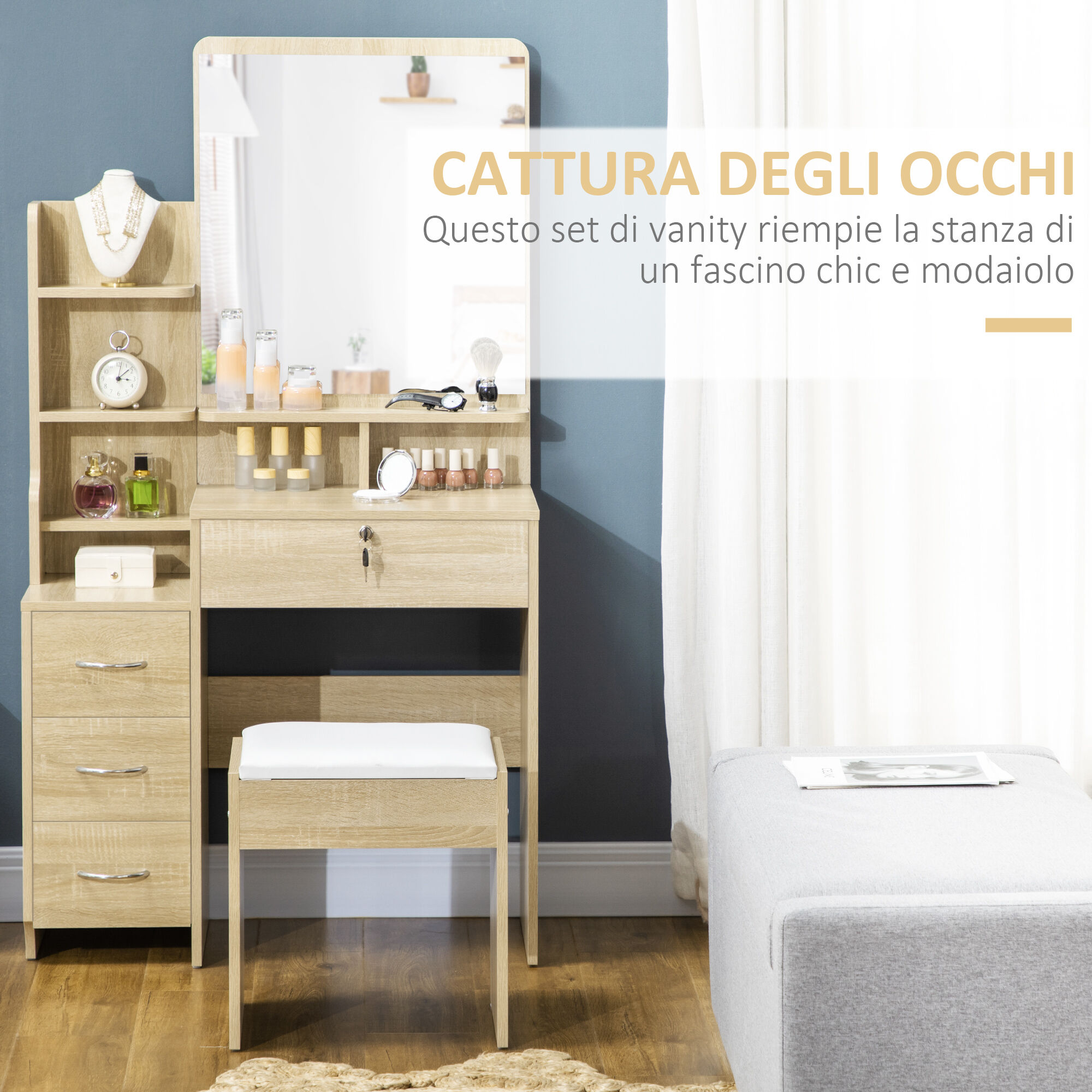 Altro Toeletta Da Trucco Con Specchio, Tavolo Da Trucco, Sgabello, 4 Cassetti E 4 Ripiani, Colore Legno