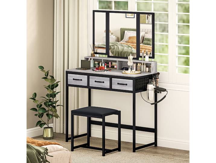 HOMCOM Coiffeuse Miroir Triptyque Tabouret 3 Tiroirs Gris
