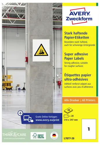 Avery-Zweckform L7877-20 Kraftkleber-Etiketten 210 x 297mm Papier Weiß 20 St. Permanent haftend, Stark haftend