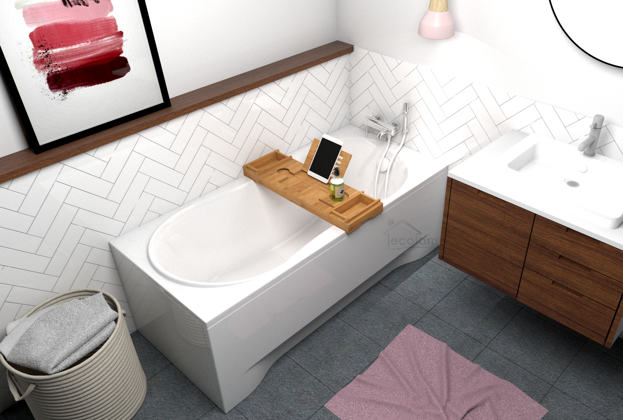 ECOLAM Badewanne Wanne Rechteck G-Polimat Acryl weiß 160x70 cm + Ablage Bambus + Schürze Ablaufgarnitur Automatik Füße Silikon