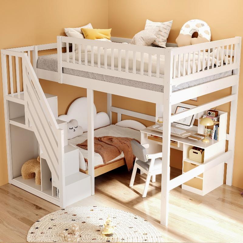 Hochbett 140x200cm aus Massivholz mit Aufbewahrungstreppe und hohem Geländer, Kinderbett Jugendbett in Weiß für Kinderzimmer