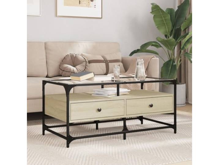 HEFZGDB Couchtisch mit Glasplatte Sonoma-Eiche 98,5x50x45 cm Stahlgestell Wohnzimmertisch Beistelltisch Elegant Langlebig Robust