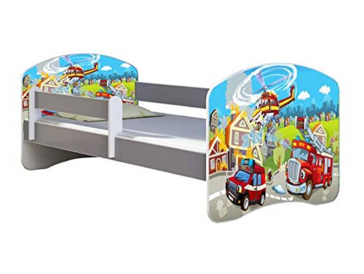 ACMA Kinderbett Jugendbett mit Matratze Grau mit Rausfallschutz Lattenrost II Spielbett Kinderzimmer Möbel (36 Feuerwehr, 140x70)