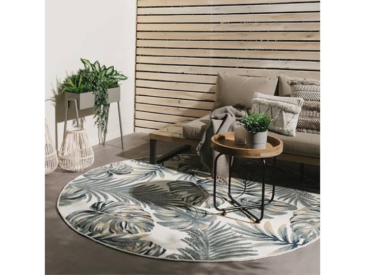 benuta Basic In- & Outdoor Teppich Flora - Mehrfarbig 320 cm rund - Floral Palmen Pflanzen Blätter Boho - Wetterfest für draussen Balkon, Terrasse, Garten - Balkonteppich, Gartenteppich Outdoorteppich
