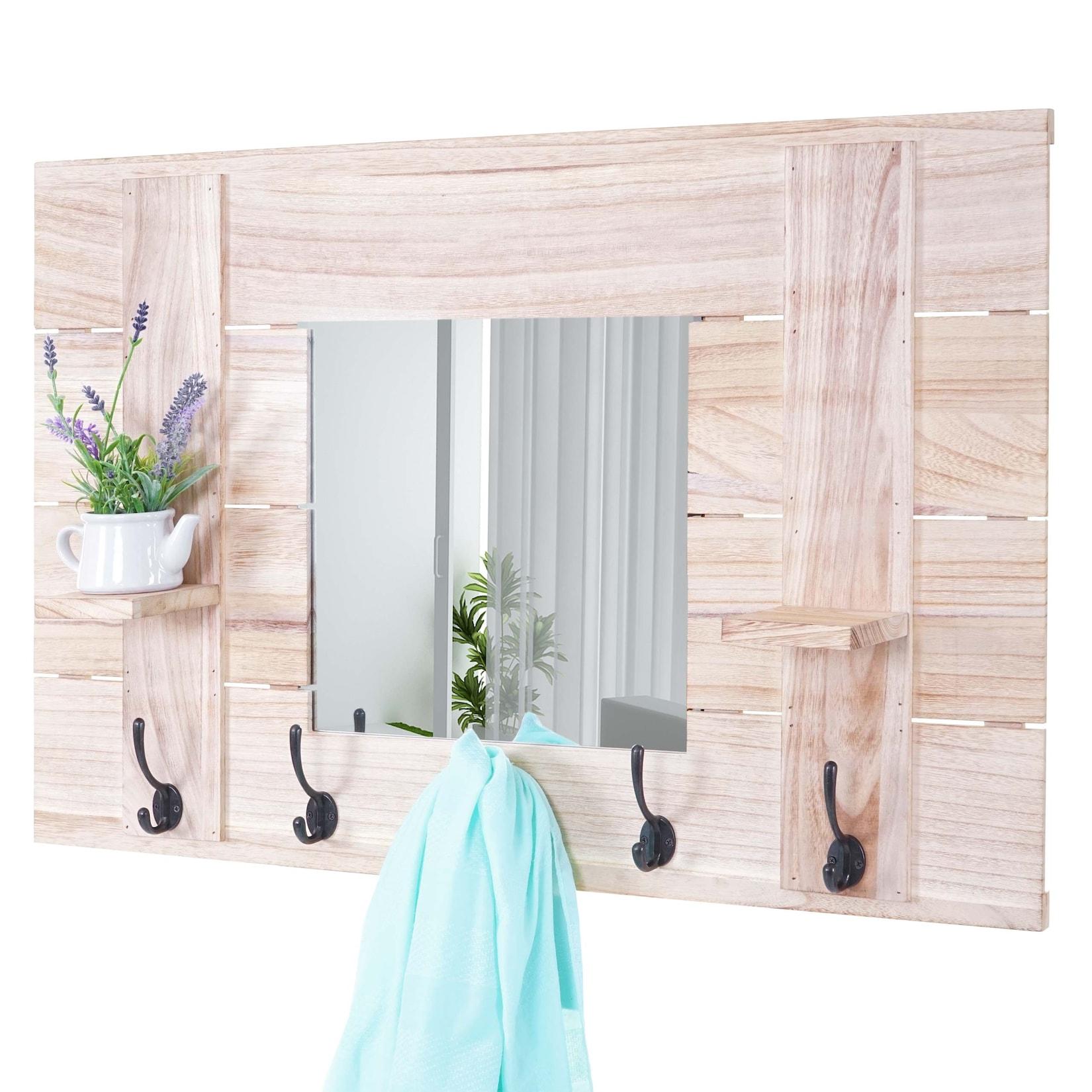 Wandgarderobe MCW-C89 mit Spiegel, Garderobenpaneel Garderobe, Shabby-Look Vintage, 5 Haken 90x60cm ~ naturbraun