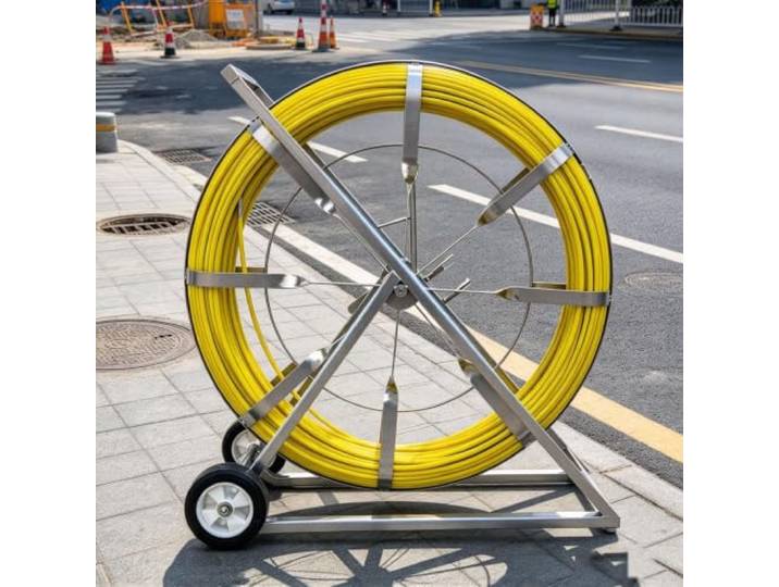 Kabeleinziehband/Einziehspirale/Kabeleinziehgerät Glasfaser-Rohrreiniger mit Führungsrolle und Stahlgestell – für Wände und Elektro-Leerrohre(80m)