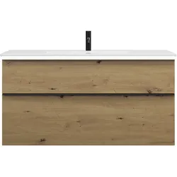 burgbad Eqio Slim Keramik-Waschtisch inklusive Waschtischunterschrank mit LED-Beleuchtung, 1220x490x640mm, SHBU122F5662C0001G0252, Farbe: Eiche Dekor Urban / Eiche Dekor Urban, Griffleiste Schwarz