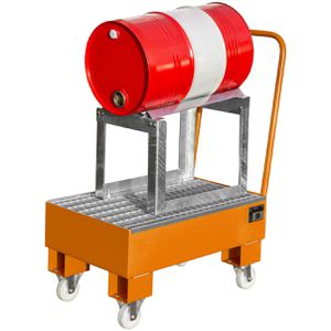 BAUER Auffangwanne AW 60-1 SRF, orange, aus Stahl, 80 x 50cm, mit Stahl-Gitterrost & Fassbock, fahrbar, 61 Liter