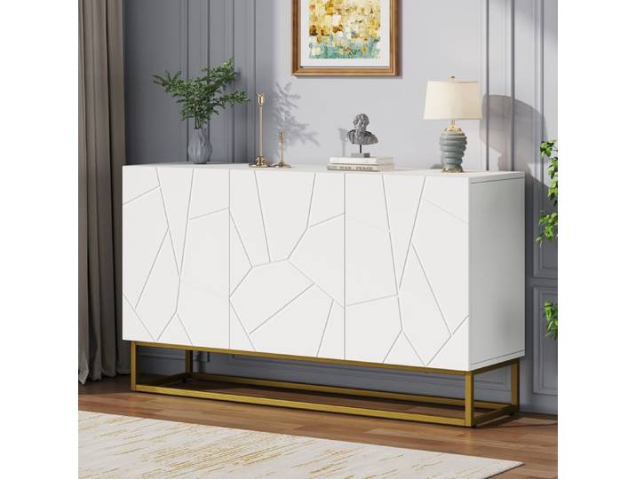 Buffet moderne laqué brillant - 130 cm - Blanc - Or - 3 portes - Étagères réglables - Panneau de particules
