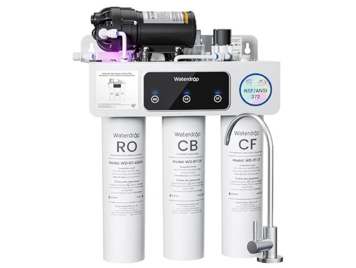 Waterdrop T3-C Umkehrosmoseanlage, Tankloses Wasserfiltersystem NSF/ANSI 372-zertifiziert, 450 GPD, 2:1 Rein zum Abfluss, 8-Stufiger RO-Wasserfilter, BPA-Frei, Stromanschluss Erforderlich