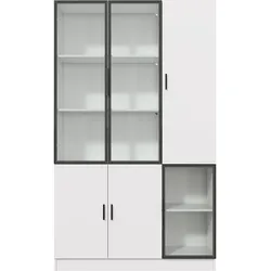 OKWISH Vitrine aus Holz und Glas, Weiß, 120 x 35 x 200 cm, LED, 10 Stauräume