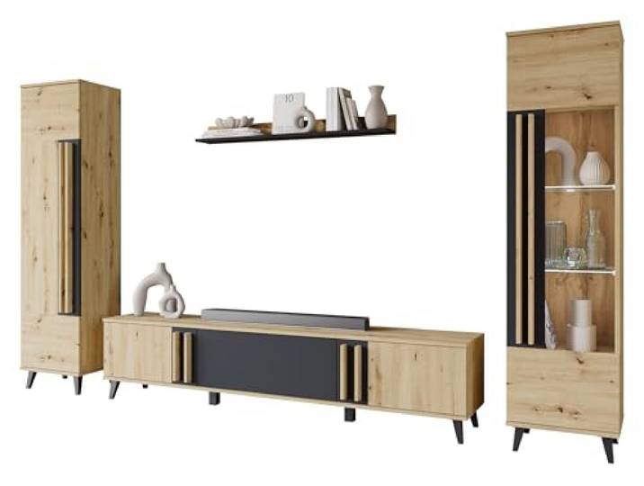 Mirjan24 Wohnzimmer-Set Hailea II, Wohnzimmerschrank, Schrankwand, im Set: Regal, Vitrine, Wandregal, TV-Lowboard (Artisan Eiche/Schwarzer Graphit, mit weißer LED Beleuchtung)