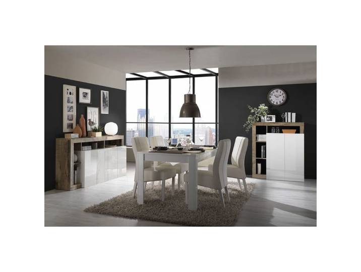 ARTURO - Séjour Complet Table + Buffet 4P Blanc Laqué Niches Aspect Bois Antik