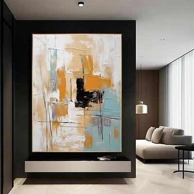 handgefertigtes 3D-Ölgemälde, abstraktes modernes Kunstwerk mit lebendiger Farbpalette und satten Farbtönen, erstellt mit Impasto und geschichteten Pinselstrichen, die geometrische Muster zeigen,