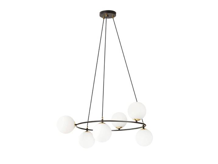 Suspension avec structure en anneau et 6 sphères en verre opale