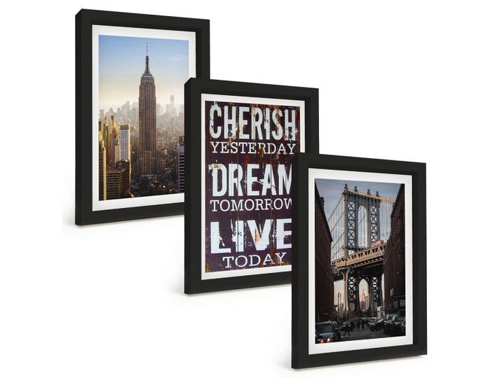 BILDER SET 3er Set - 20x30 cm Schwarzer Rahmen - Zitat über New Yorker Landschaften