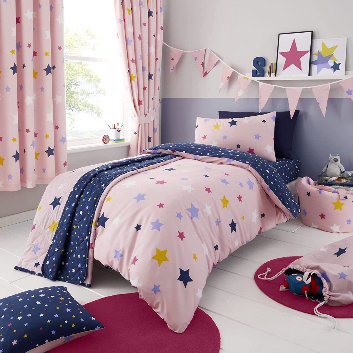 Dekbedovertrek en kussensloop met sterrenprint voor kinderen, roze, katoenpolyester, omkeerbaar, Markenlos