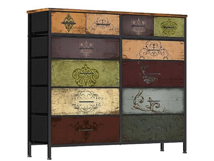 Wuynn Hohe Kommode mit 12 tiefen Stauraum-Schubladen Stoff-Kommode als Fernsehunterschrank, Vintage Nachttisch mit Holzplatte für Schlafzimmer, Kinderzimmer Wohnzimmer