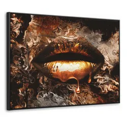 LEINWAND Bilder mit Rahmen - Gold - Lippen - Kunst - Gold - Luxus - Abstrakt - 100x70