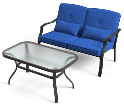 Costway Outdoor Loveseat Chair Set with Coffee Table and Seat Back Cushions-Navy