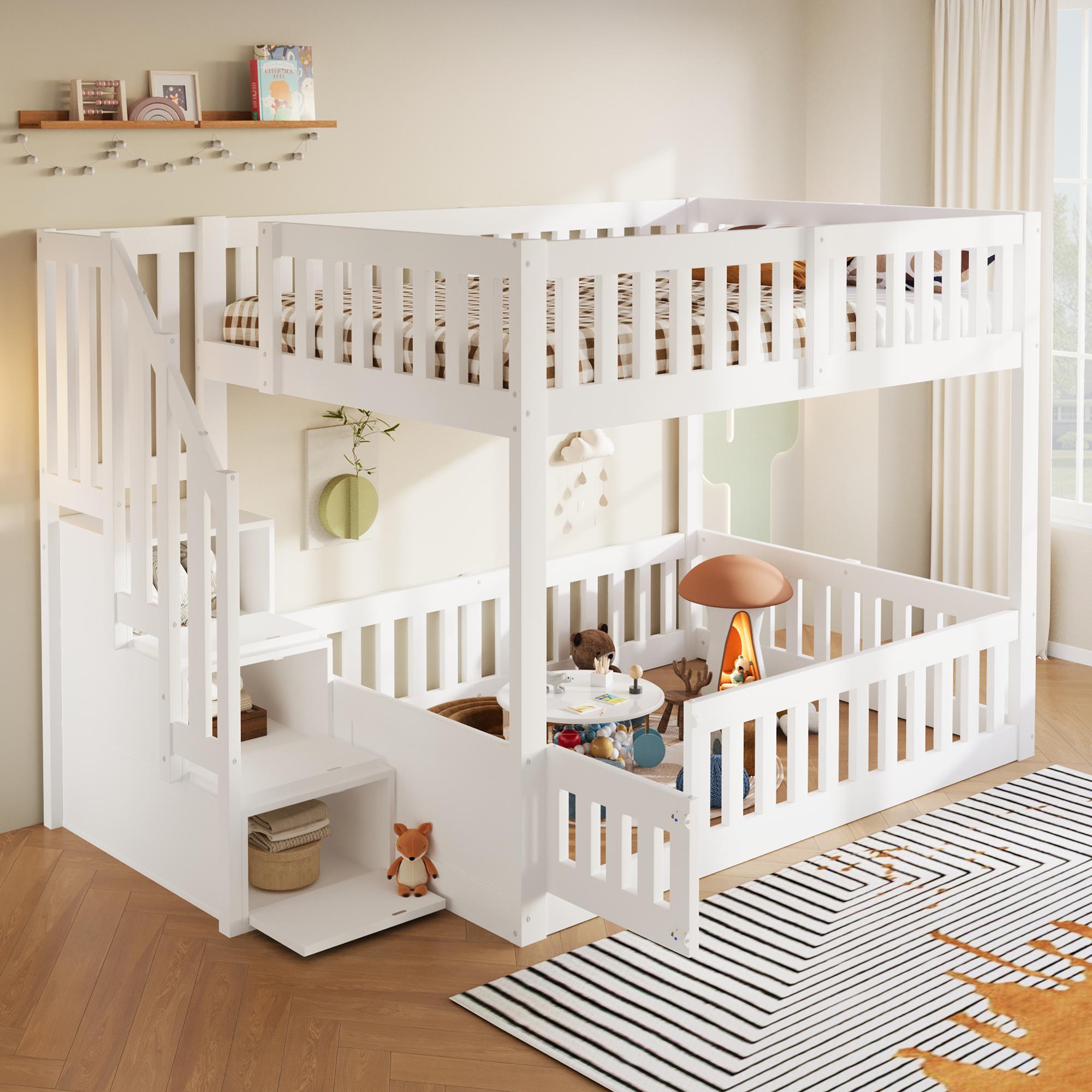 okwish Etagenbett 140×200 mit einer Matratze,Stauraumtreppe und Sicherheitsgeländer,Kinderbett mit kleiner Tür,Doppelbett Weiß