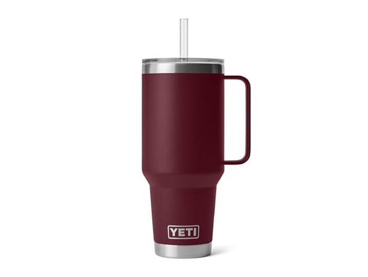 YETI Rambler 42 oz Trinkbecher mit Henkel und Strohhalm-Deckel, Reisebecher, Wasserbecher, vakuumisolierter Becher mit Henkel, Edelstahl, Wildrankenrot