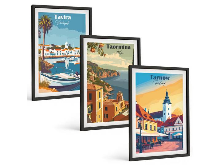 Tulup Bilder SET 3er Set - 40x60 cm Schwarzer Rahmen - Ansichten von Küstenstädten, Kunststoff, Rechteckig, 40x60 cm, einfache und schnelle Anbringung, Bilder & Rahmen, Bilder