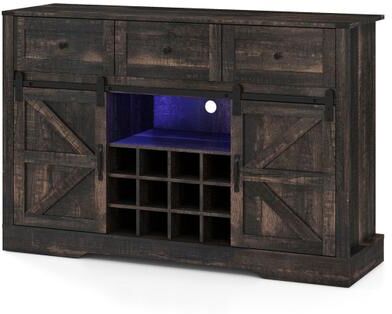 Costway 52 Inches Wine Bar Cabinet with LED Lights and Sliding Barn Doors-Black
