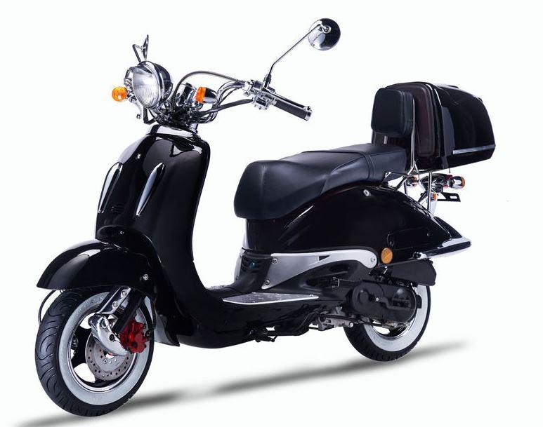 Motorroller Strada mit Top Case 50 ccm 45 km/h, Euro 5, schwarz, Sitzbank schwarz, GT Union