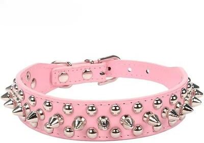 Uplift Treasures Adjustable PU Leather Spiked Dog Collar Punk Rivet Neck Strap For Small Dogs And Cats pink m
