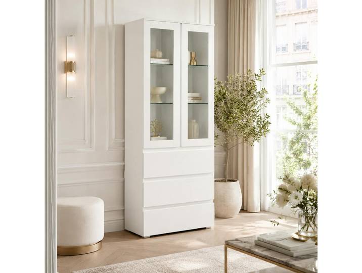 Vaisselier Vitrine Blanc Moderne 2 Portes 3 Tiroirs Alva