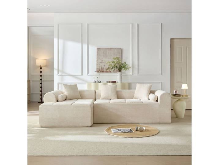WOVREO Canapé d'angle beige 263 cm en chenille avec poche latérale compressé sous vide