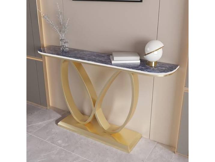 LJWFZBD Schmaler Konsolentisch, Sintersteinplatte, Metallrahmen für Eingang Sintersteinplatte, Kratzfest, Schmaler Flurtisch, Modernes Design, Stabile Konstruktion(Gold+Blue,31.5 (80cm))