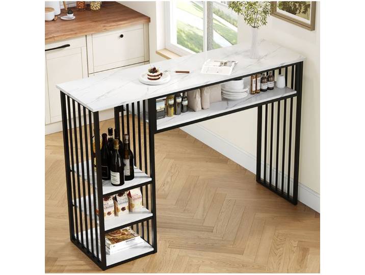 VUENOR Table de bar 140x40x105 cm blanc et noir – avec rangement effet marbre