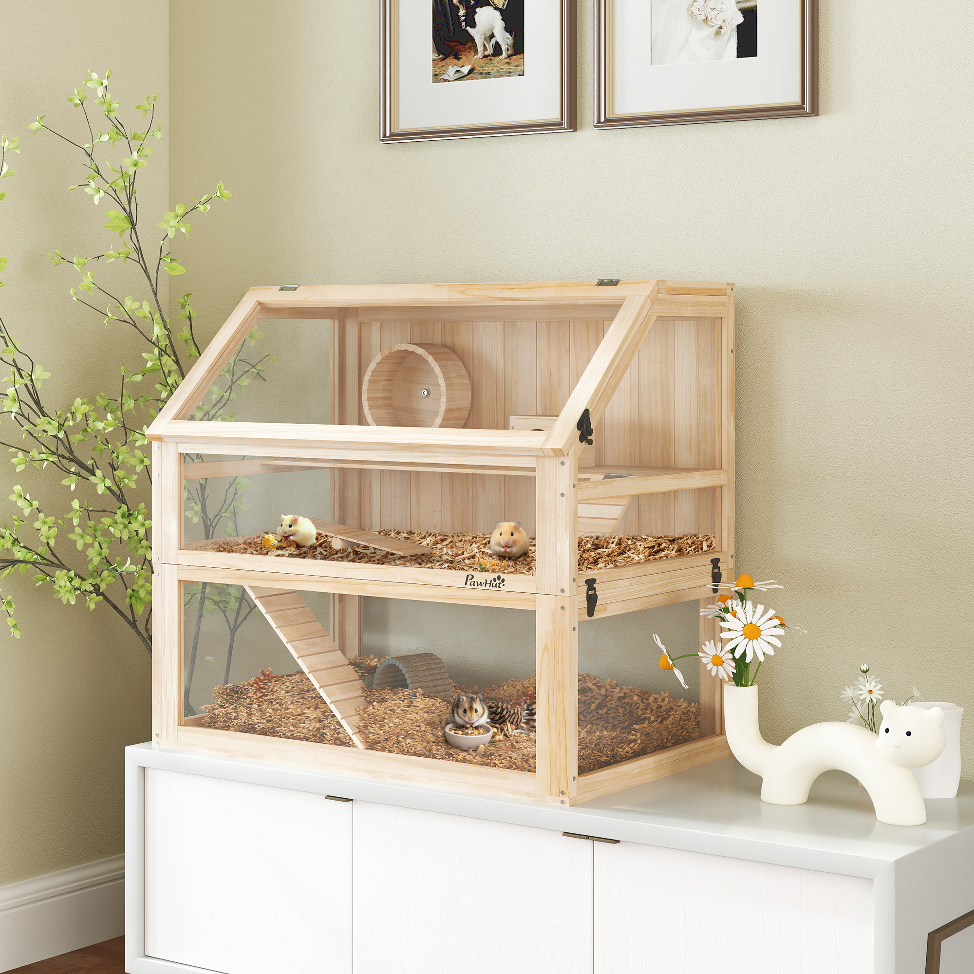Pawhut Gabbia per criceti a 3 livelli con fondo removibile e altalena, altalena, rampe e cuccia, 80x50x76cm, Legno naturale   Aosom Italy