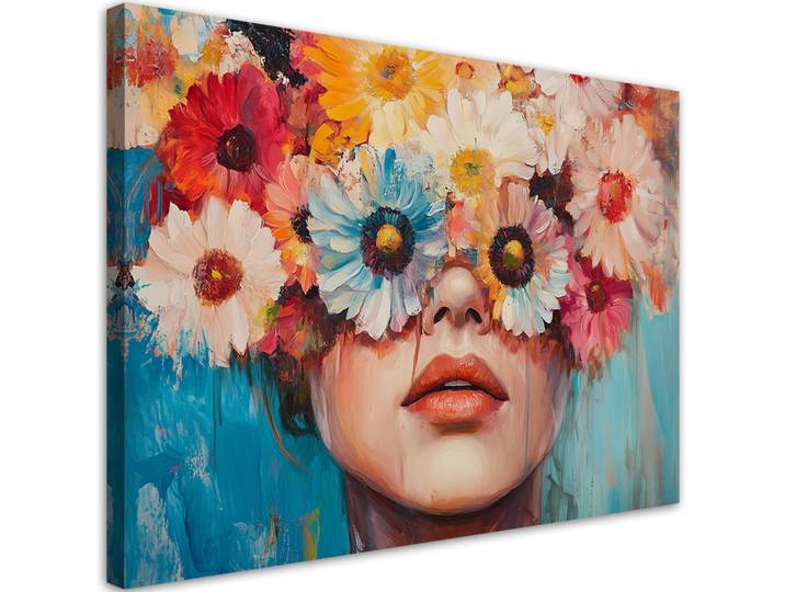 Feeby Leinwandbild Frau mit bunten Blumen auf dem Kopf 120x80cm, Mehrfarbig, Rechteckig, 120x80 cm, Bilder & Rahmen, Bilder, Leinwandbilder