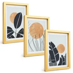 BILDER SET 3er Set - 20x30 cm Goldrahmen - Pflanzenmuster große Sonnen minimalistisch