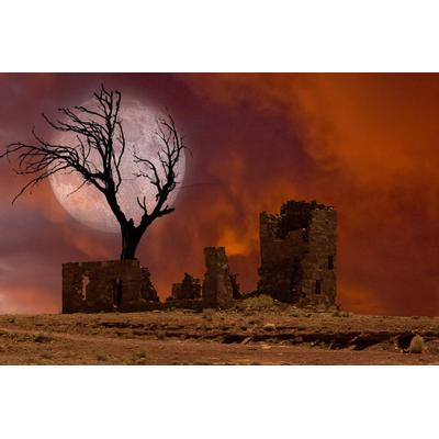 Fototapete PAPERMOON "Ruine in Landschaft mit Mond", bunt, B:2m L:1,49m, Vlies, Tapeten