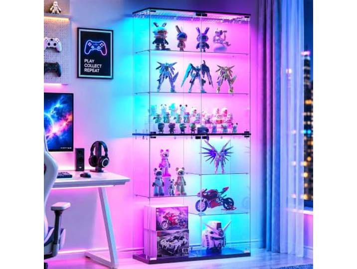Dystler 8-stöckige RGB-Glasvitrine - für Sammlerstücke Beleuchtetes Displayregal, 360° transparente Sicht, LED-Bewegungsmelder-Lichter, abschließbare Glastüren, Kippsicherheit