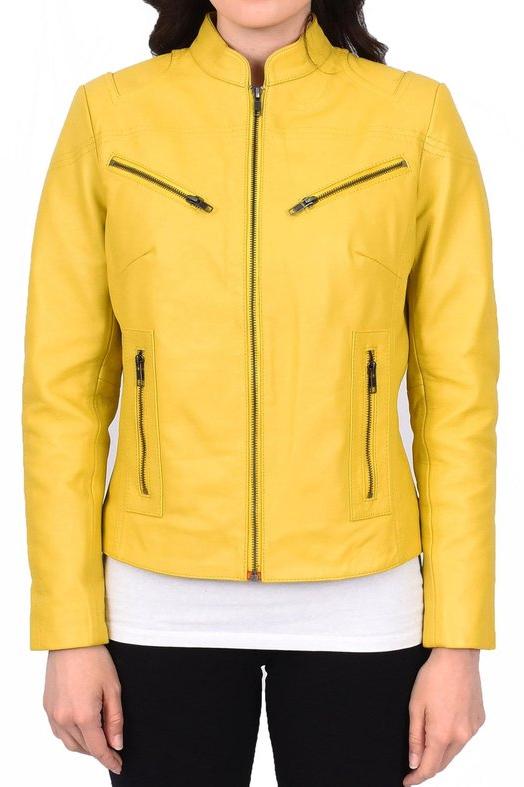 Damen Lederjacke - Kragen im Mandarinenstil - Gelb
