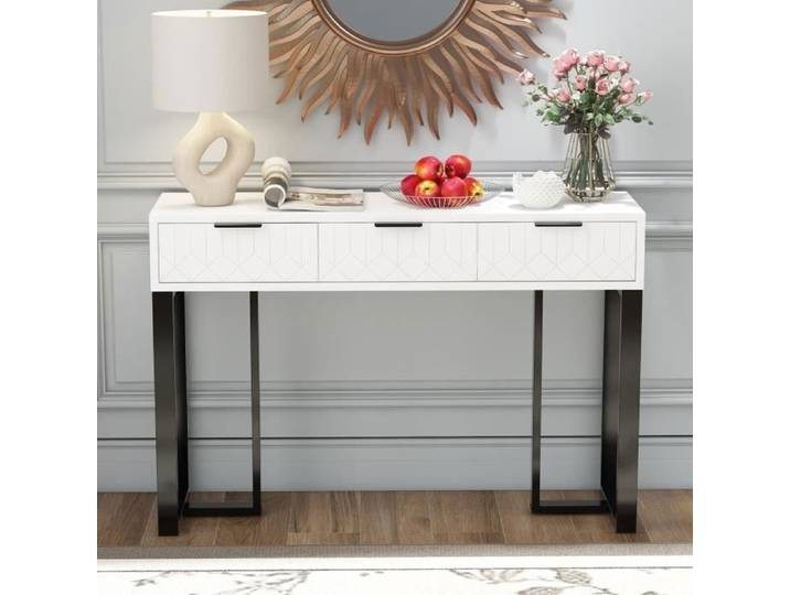 Table Console Moderne - FLASIDU - 3 Tiroirs - Structure Dorée - Blanc et Noir - 120x36x80cm