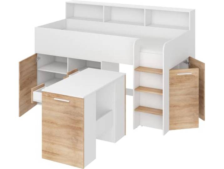 FurnitureByJDM Hochbett mit Schreibtisch, Schubladen, Regalen Bücherregal – Platzsparendes Kinderbett 80x200 cm Matratzengröße – Rechtsseitige Treppe – NEO (Weiß/Eiche Sonoma)