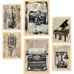 POSTER Set Mit 6 Vintage Liebe Kamera Mikro Klavier Violine Telefon A3 & A4 Rahmen Aus Hellem Holz