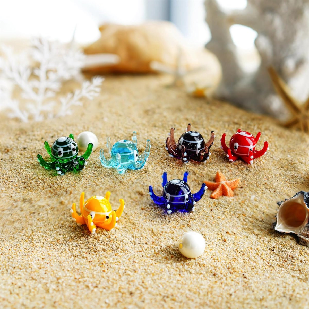 Allecto plus Set van 6 Multicolor Octopus Art Glas Geblazen Mini Zeedier Beeldjes met Uniek Design