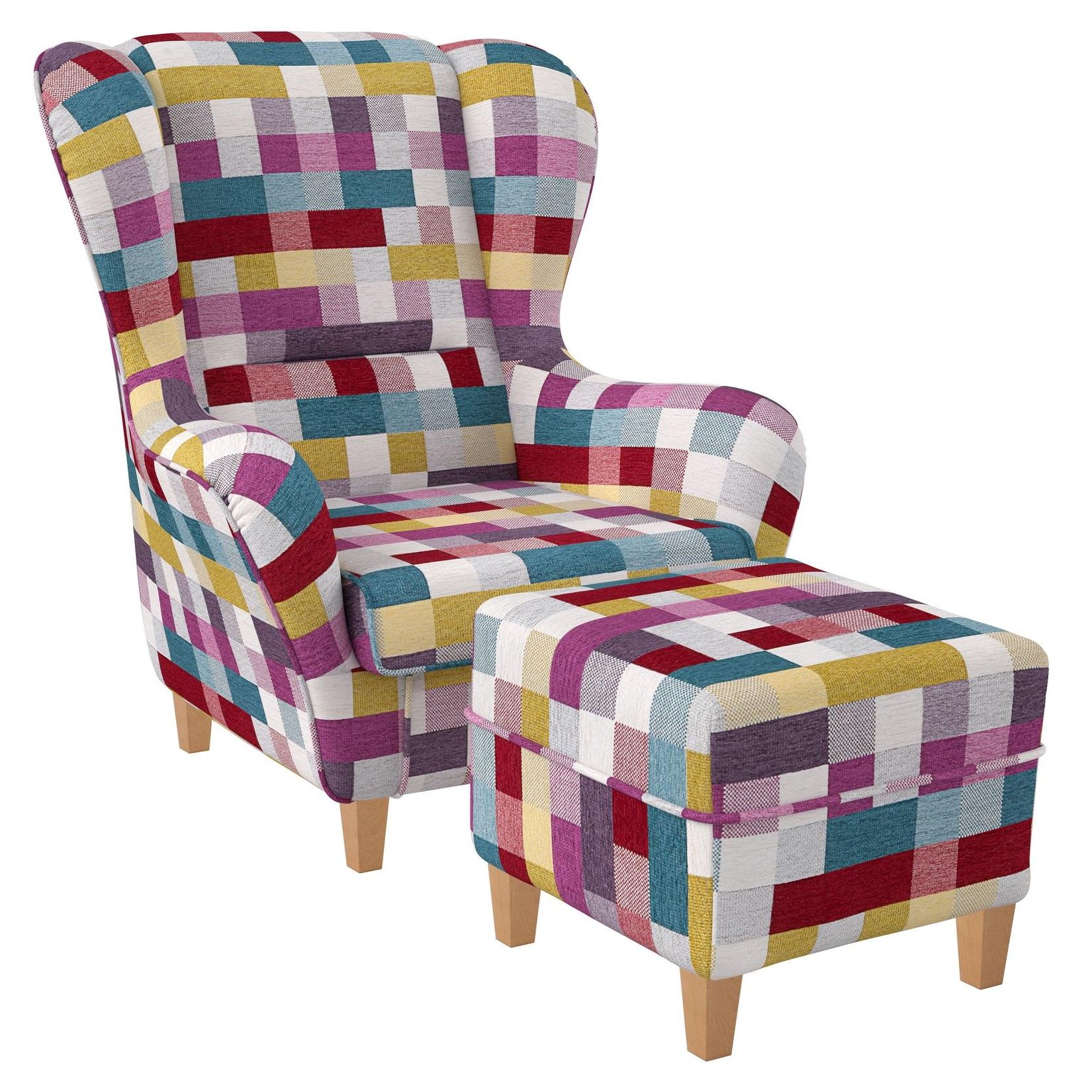 Supellex Sofia Ohrensessel mit Hocker Design Patchwork kariert bunt