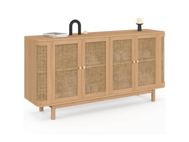 IDMarket - Anrichte 160 cm Dana abgerundet 4 Türen Holz und Rohrgeflecht