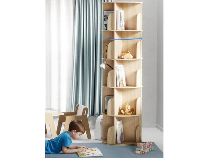 KINDAHOLZ Bücherregal Kinder 360° drehbar - Kiefernholz 160x46x46 cm 5 verstellbare Ebenen - Drehregal bzw. Standregal fürs Kinderzimmer - aus massivem Naturholz gefertigt